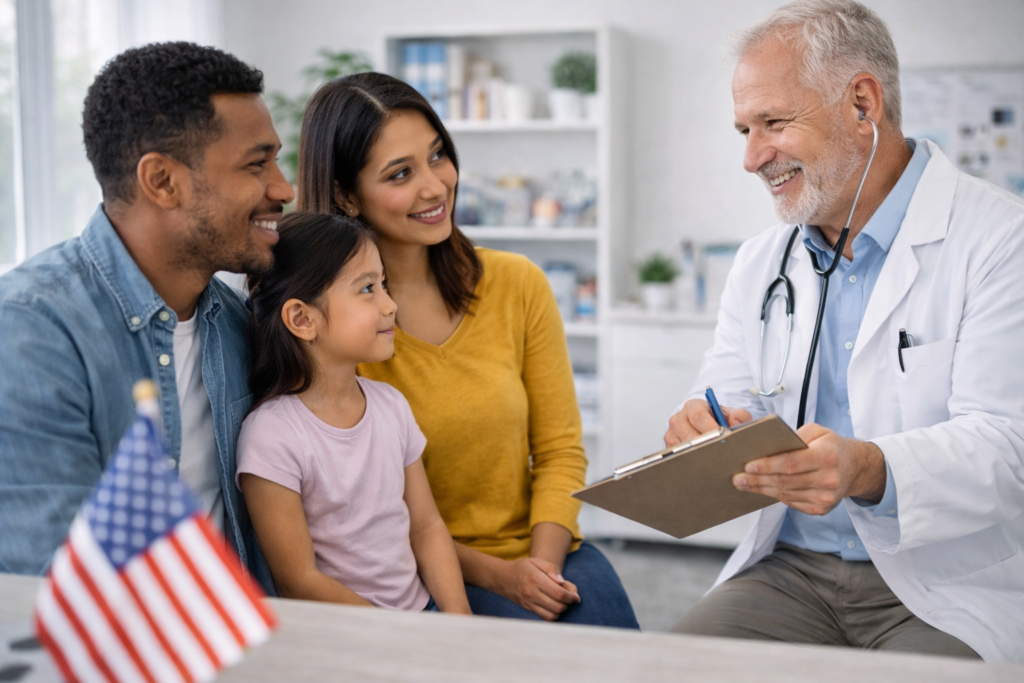 Doctor reviewing immigration physical exam paperwork with a diverse family in a clinic office.