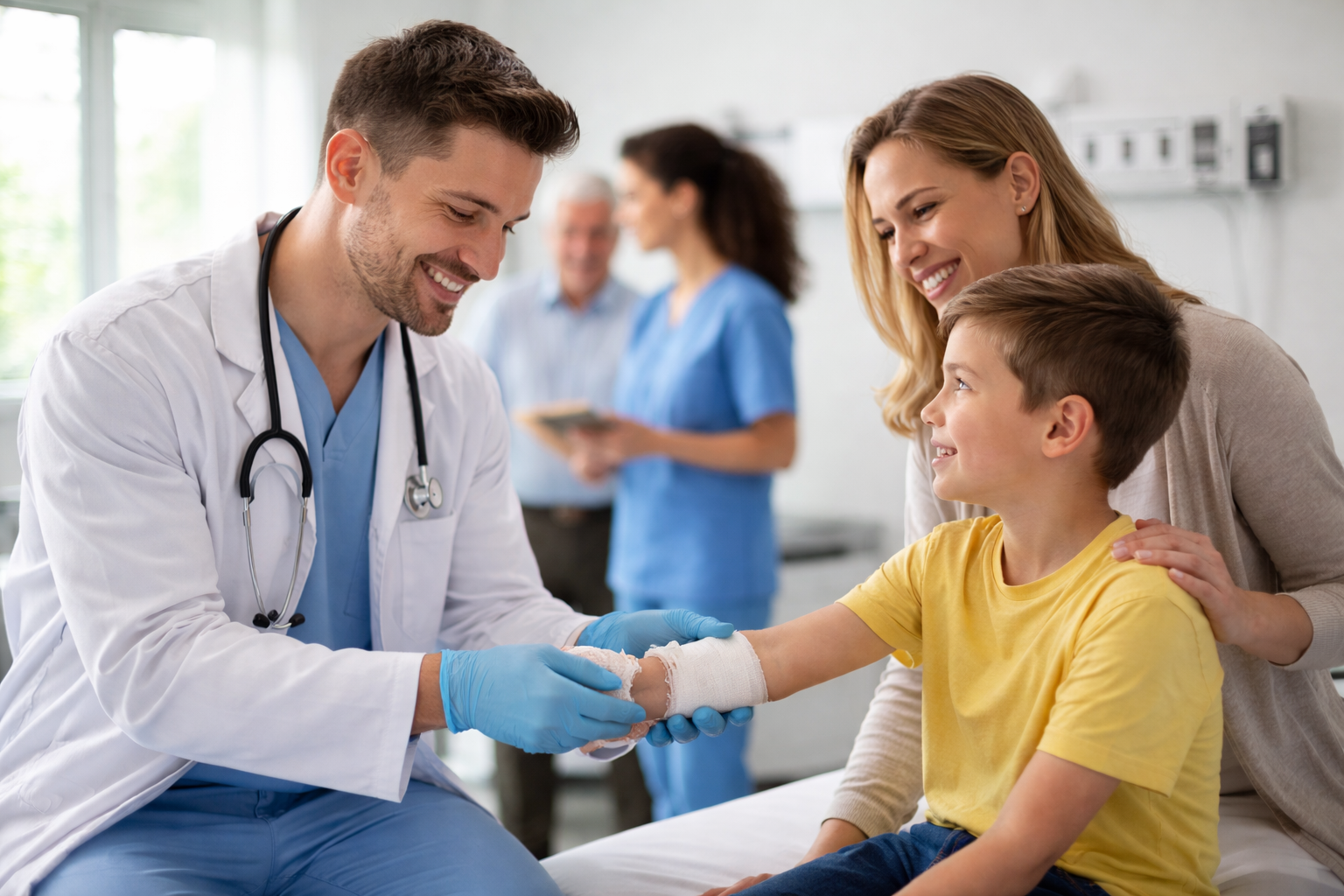 Doctor treating a young boy’s wrist injury in a modern urgent care clinic while his mother looks on smiling.