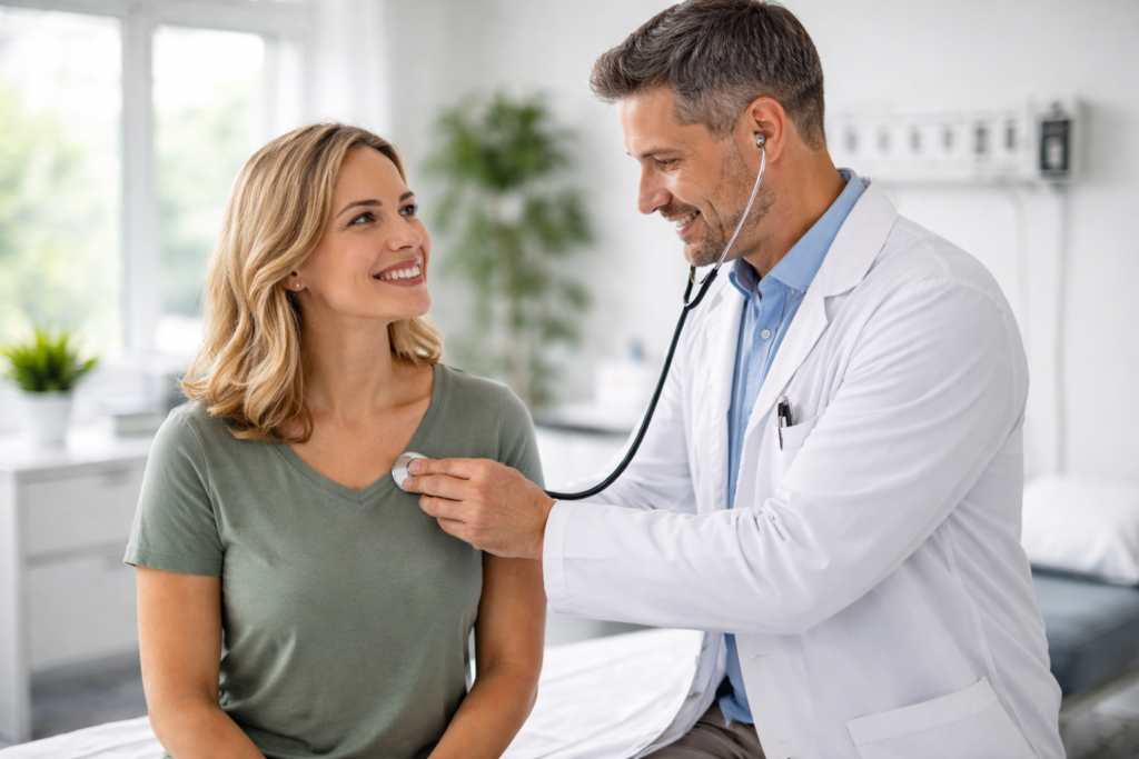 Doctor performing a routine annual physical exam with a stethoscope in a modern medical clinic.