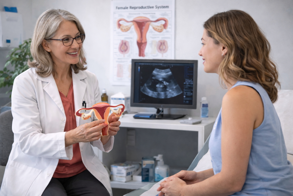Gynecologist explaining the female reproductive system using an anatomical model during a gynecology services consultation.
