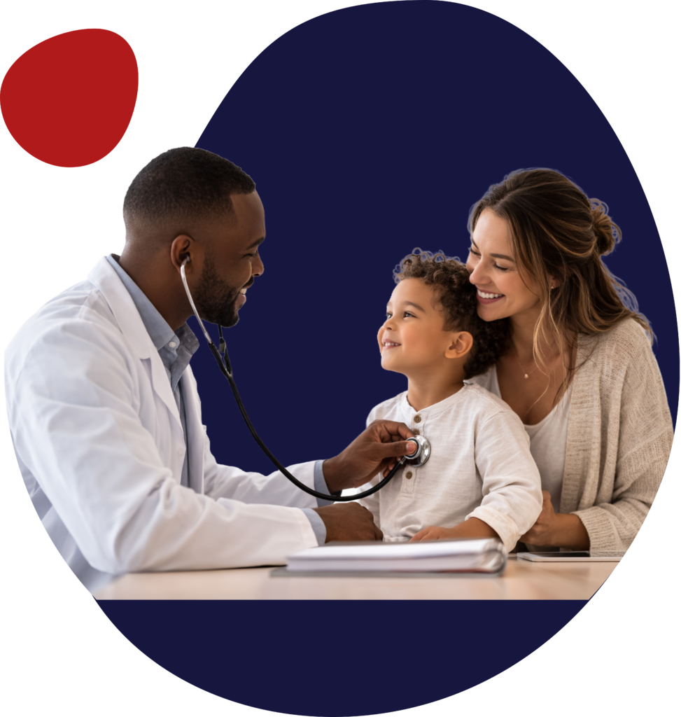 Experienced healthcare provider performing a routine medical exam with a patient while a family member looks on in a modern clinic setting in Roswell, Georgia.