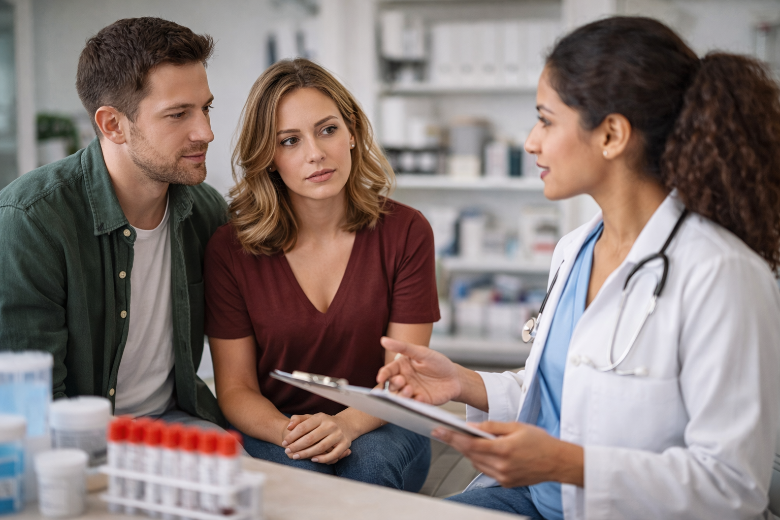 Doctor discussing confidential STD testing results with a couple in a private clinic setting.