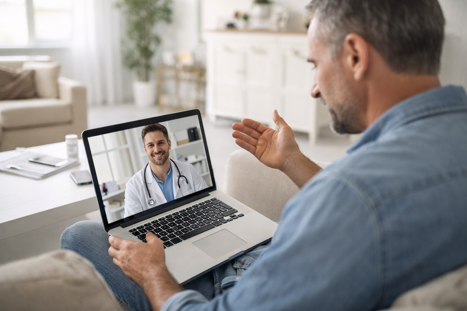 Patient having a virtual telemedicine appointment with a doctor on a laptop from home.
