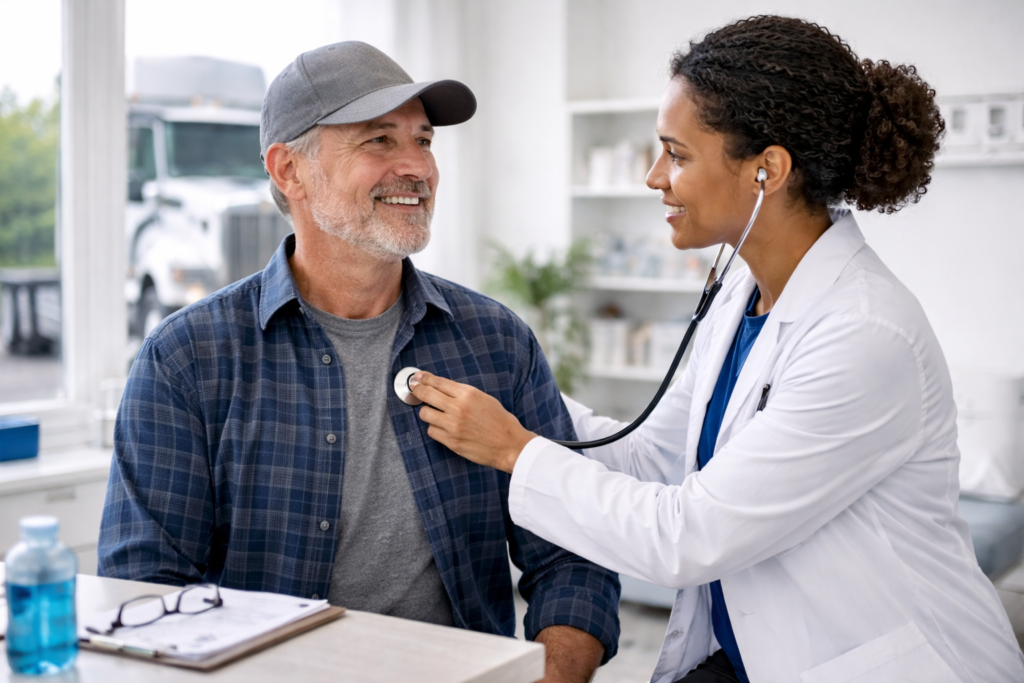 Medical provider performing a DOT physical exam on a commercial truck driver in a clinic.