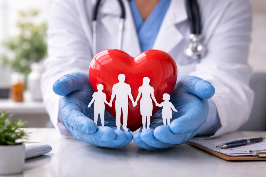 Doctor holding a red heart with family silhouettes symbolizing primary care and whole-family health.