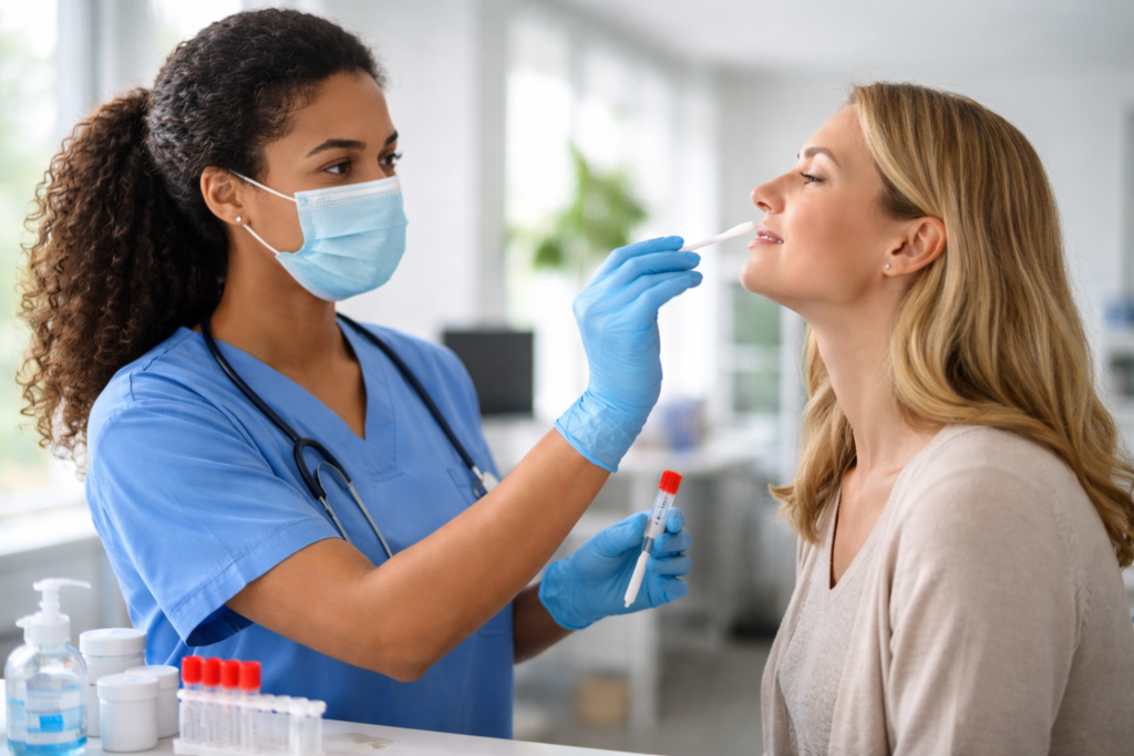 Viral Testing showing a Healthcare provider performing a nasal swab test for COVID-19, flu, strep, or RSV in a modern clinic setting.