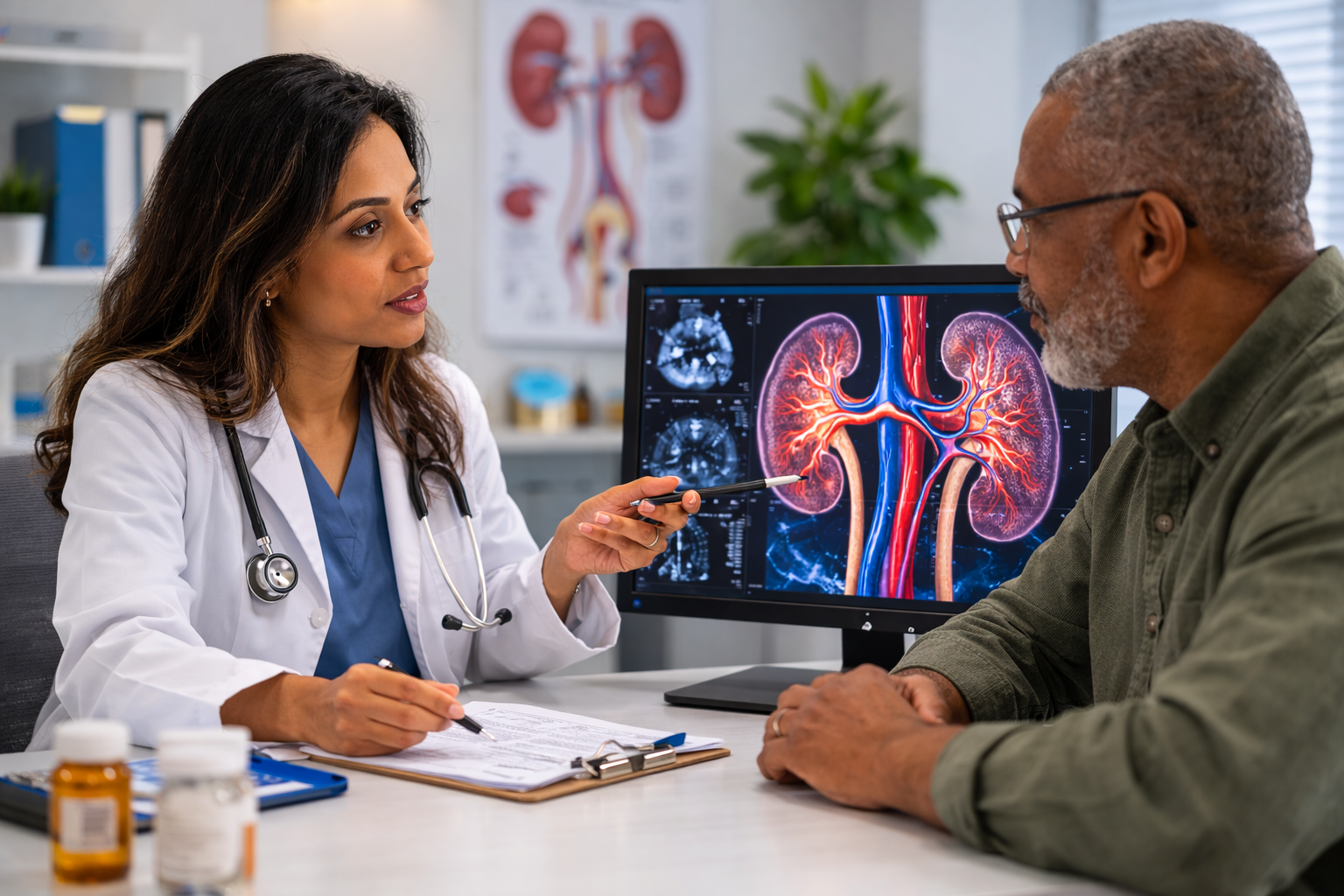 Nephrologist reviewing kidney scan results on a monitor with a patient during a clinic consultation.
