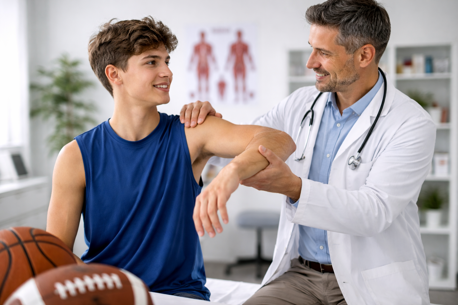 Doctor performing a sports physical exam on a teenage athlete in a medical clinic.