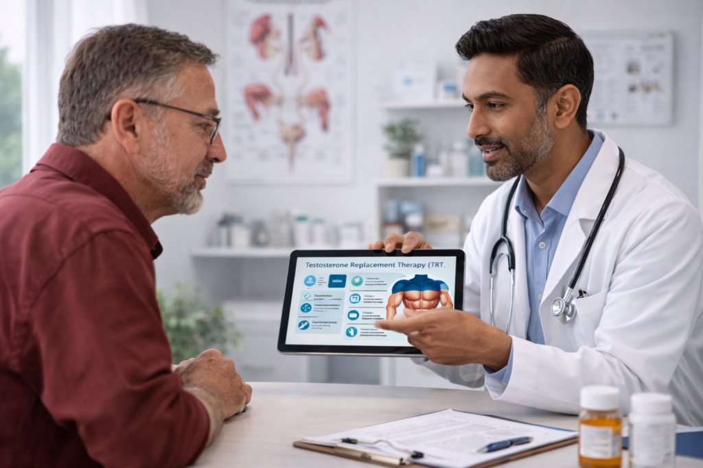 Male doctor discussing hormone replacement therapy with a patient during a medical consultation.