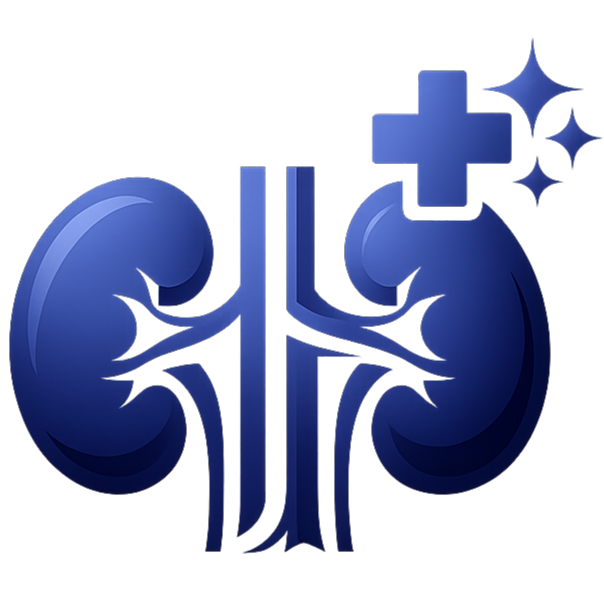 Nephrology icon featuring stylized blue gradient kidneys with a medical cross symbol.