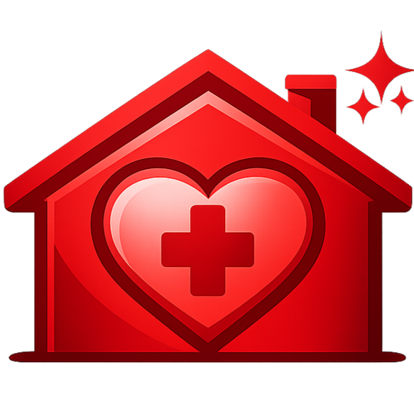 Primary Care icon featuring a red gradient house with a heart and medical cross symbol.