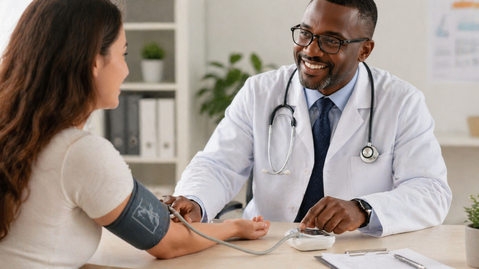 Doctor checking a patient’s blood pressure during a routine health check-up in a medical office.