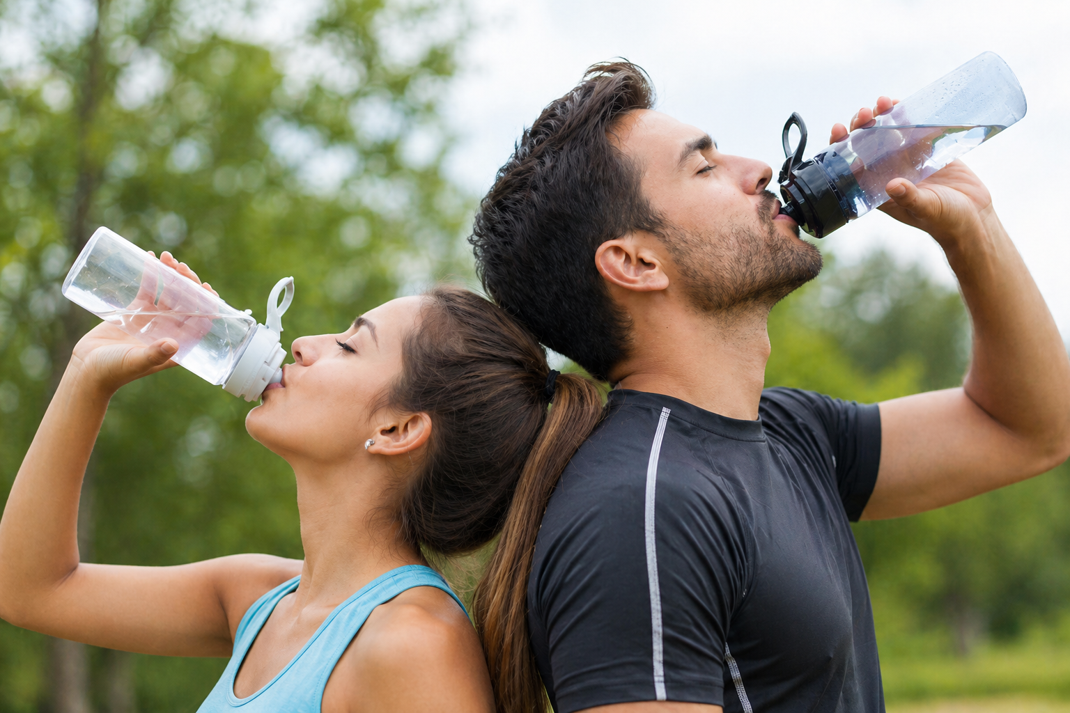People drinking water outdoors as part of summer health tips to stay hydrated in hot weather.