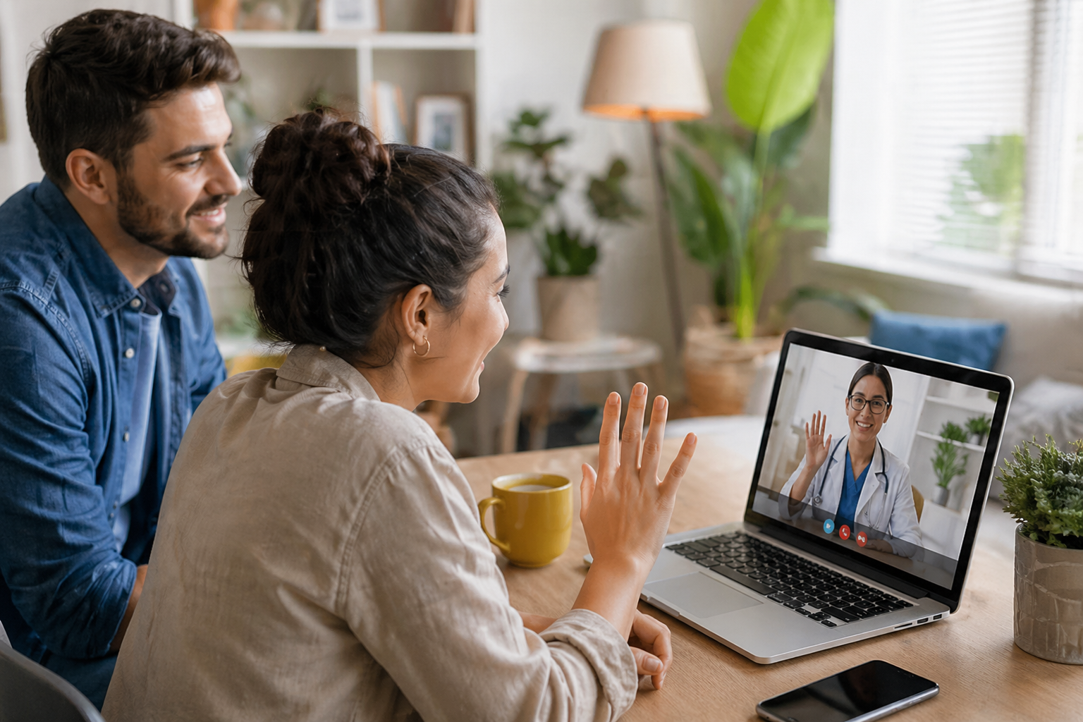 Patient having a telehealth video consultation with a doctor from home using a laptop.