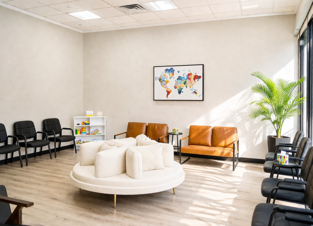 Bright and modern waiting room at VitalCare Express clinic with comfortable seating and natural light